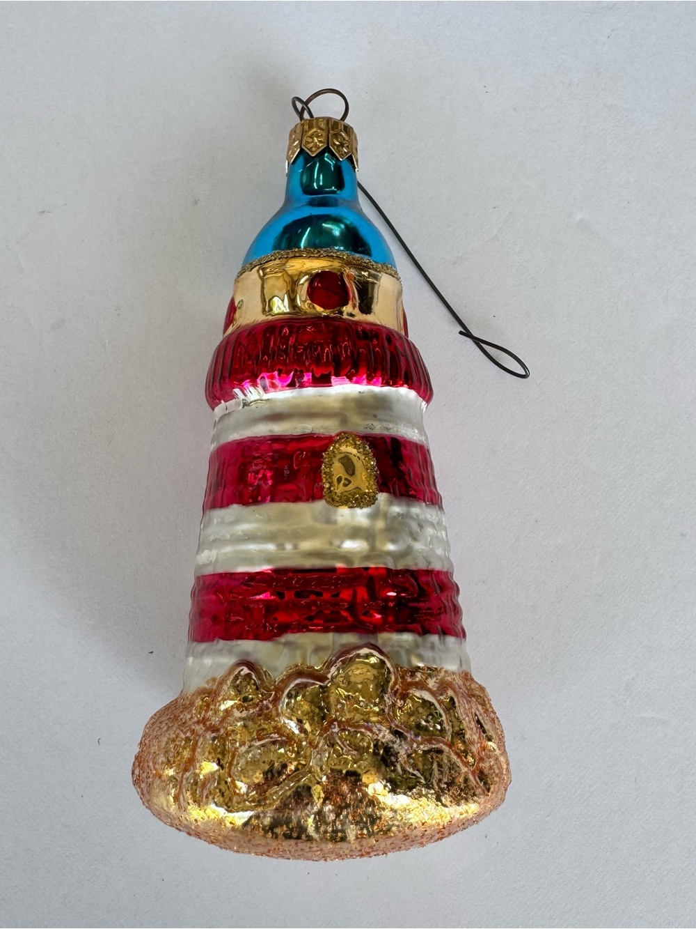 Vintage Glass Lighthouse Christmas Ornament Red White Gold Base